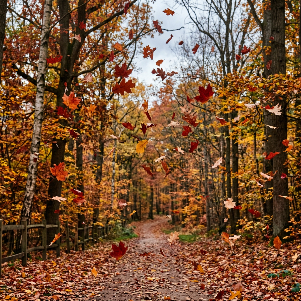 Forest trail covered with fallen autumn leaves and leaves falling in midair